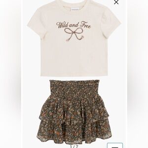 Tiered Floral Mini Skirt in Olive with Rust and Cream Flowers